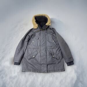 J Crew Perfect Winter Parka Navy Waxed Quilted Lined Faux Fur Hood Coat Womens L